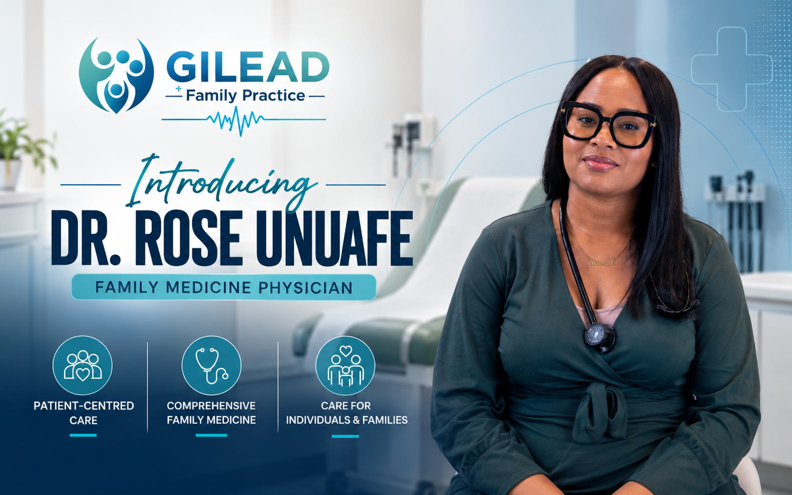 The Meet Dr. Rose Unuafe post: Dr. Rose Unuafe, a family medicine physician, sitting in an exam room beside the text Introducing Dr. Rose Unuafe