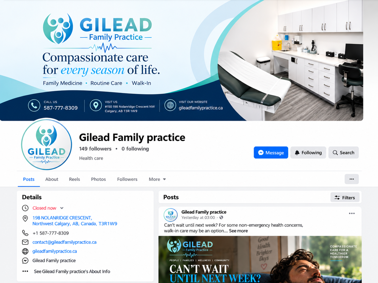 The Gilead Family Practice Facebook page, with its cover photo, 149 followers and a recent walk-in care post