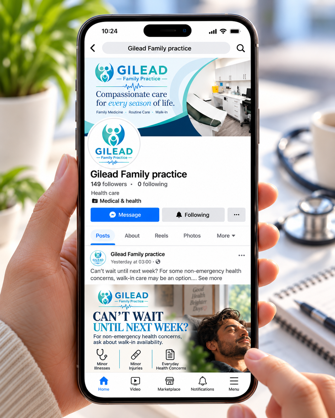 A phone showing the Gilead Family Practice Facebook page, with 149 followers and a walk-in care post