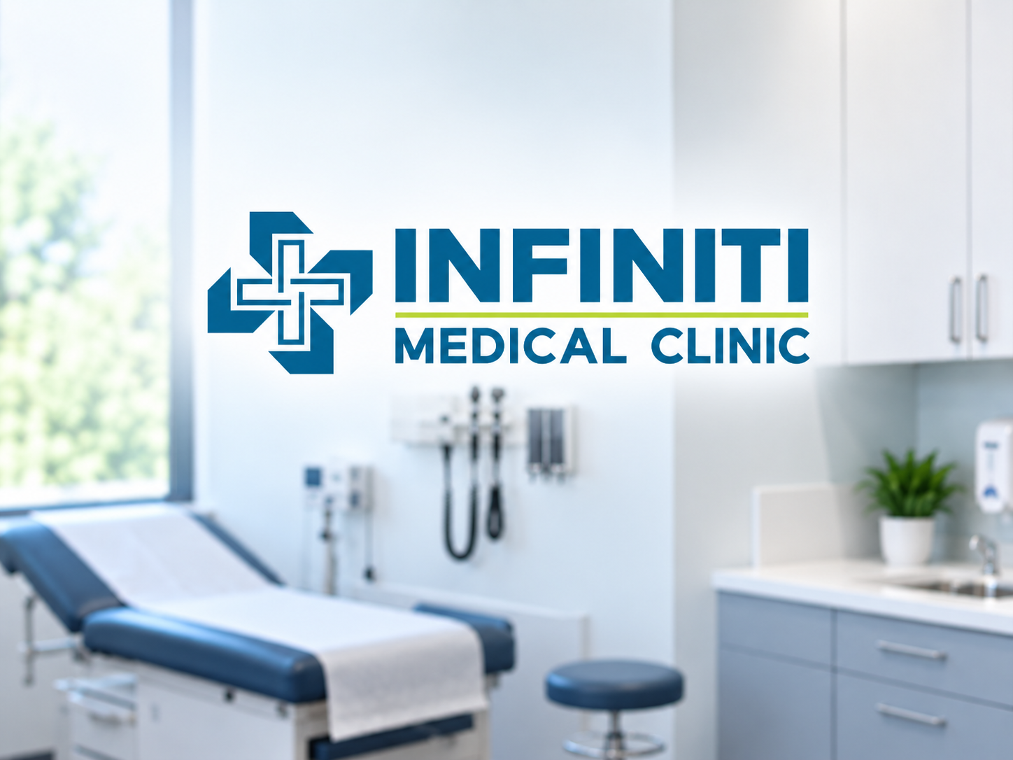 A bright medical exam room with an exam table and the clinic logo shown over the photo