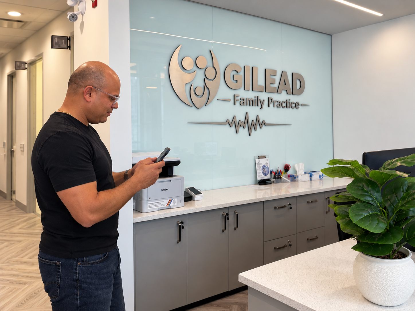 A man checking his phone at the front desk of a family practice clinic