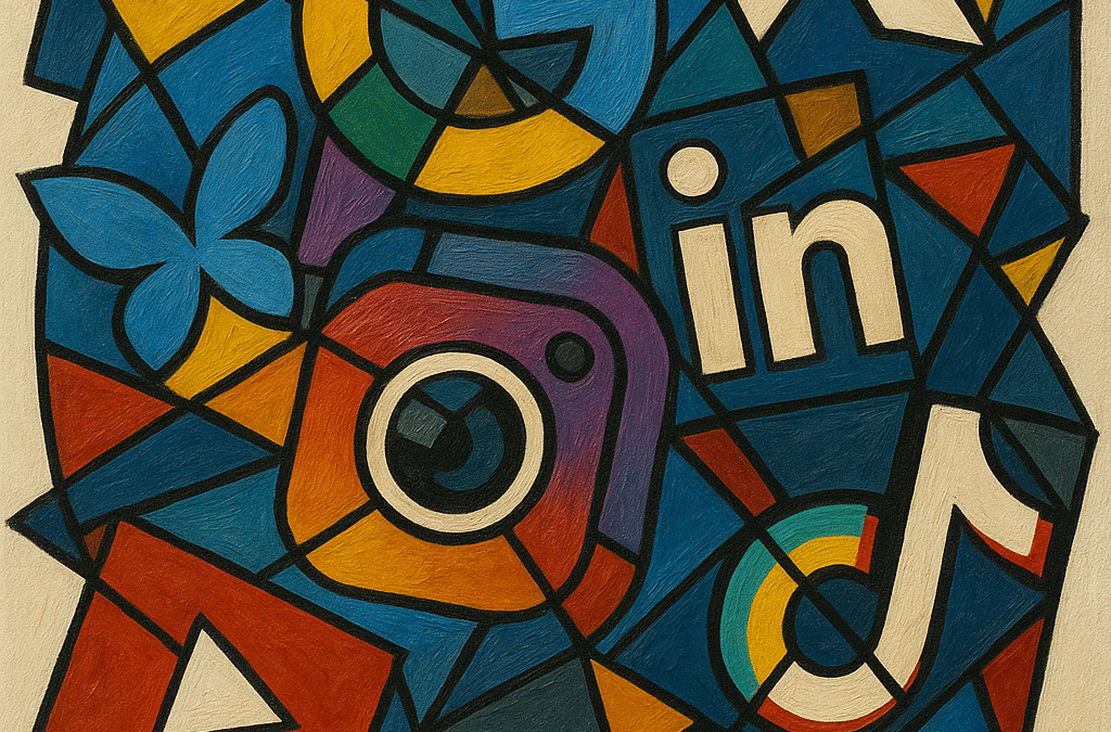 Abstract stained-glass style art featuring logos of major social media platforms including Facebook, Instagram, TikTok, LinkedIn, YouTube, X (Twitter), and Google