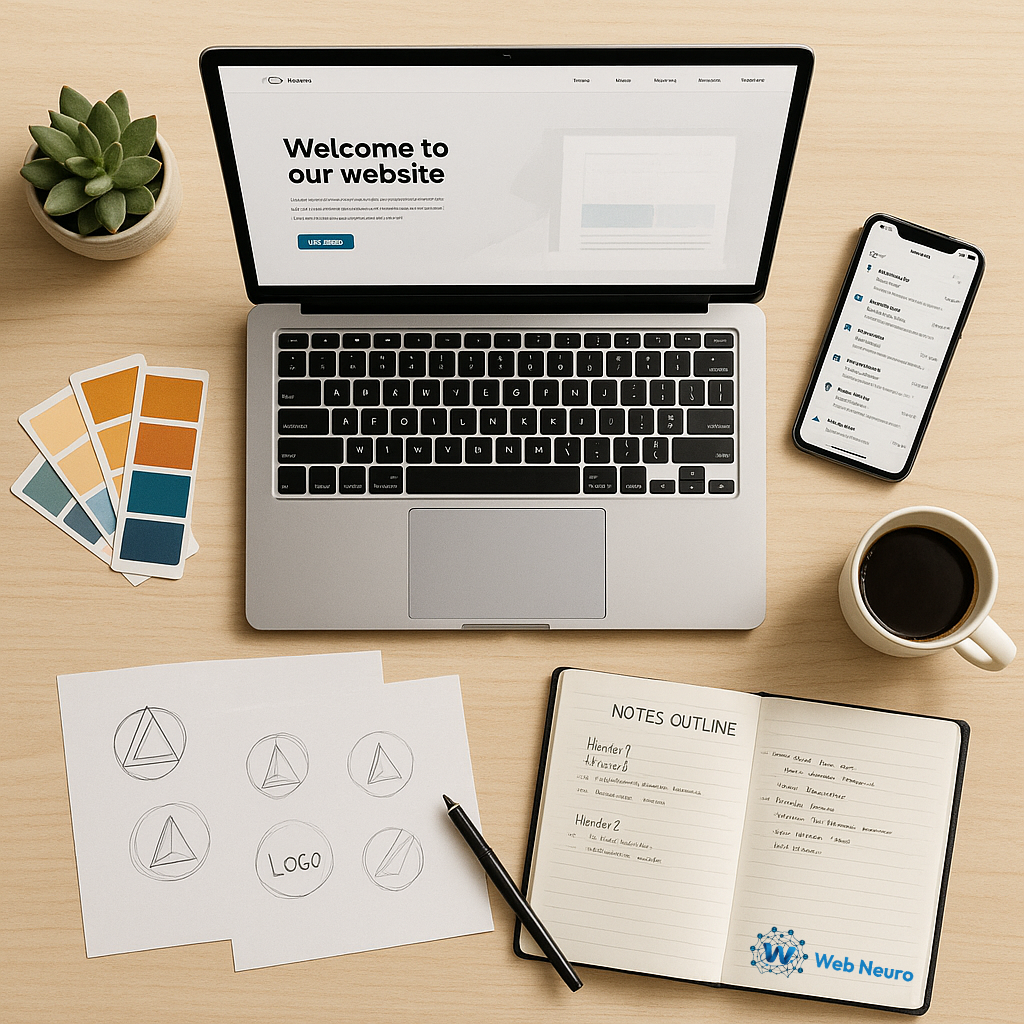 Modern branding workspace with laptop and design tools