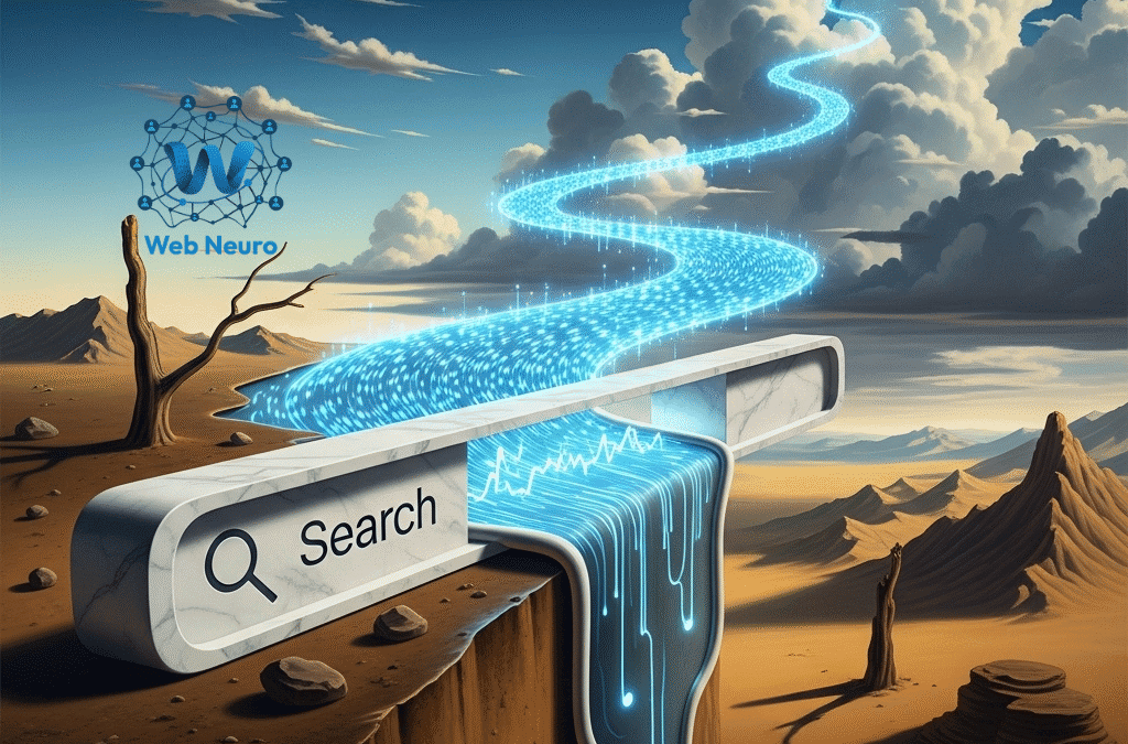 Surreal vector artwork of a search bar bridging a desert canyon, releasing a glowing digital river that winds upward into clouds topped with ‘#1’, symbolizing AI-powered SEO and achieving top search rankings.