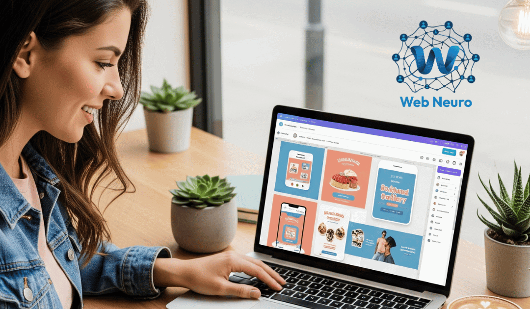 Small business owner using Canva on a laptop to create social media posts, flyers, and ads for digital marketing