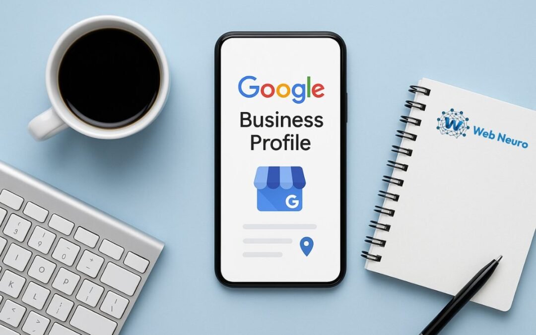 A smartphone on a clean blue desk showing the Google Business Profile logo, representing digital marketing management for a local business.