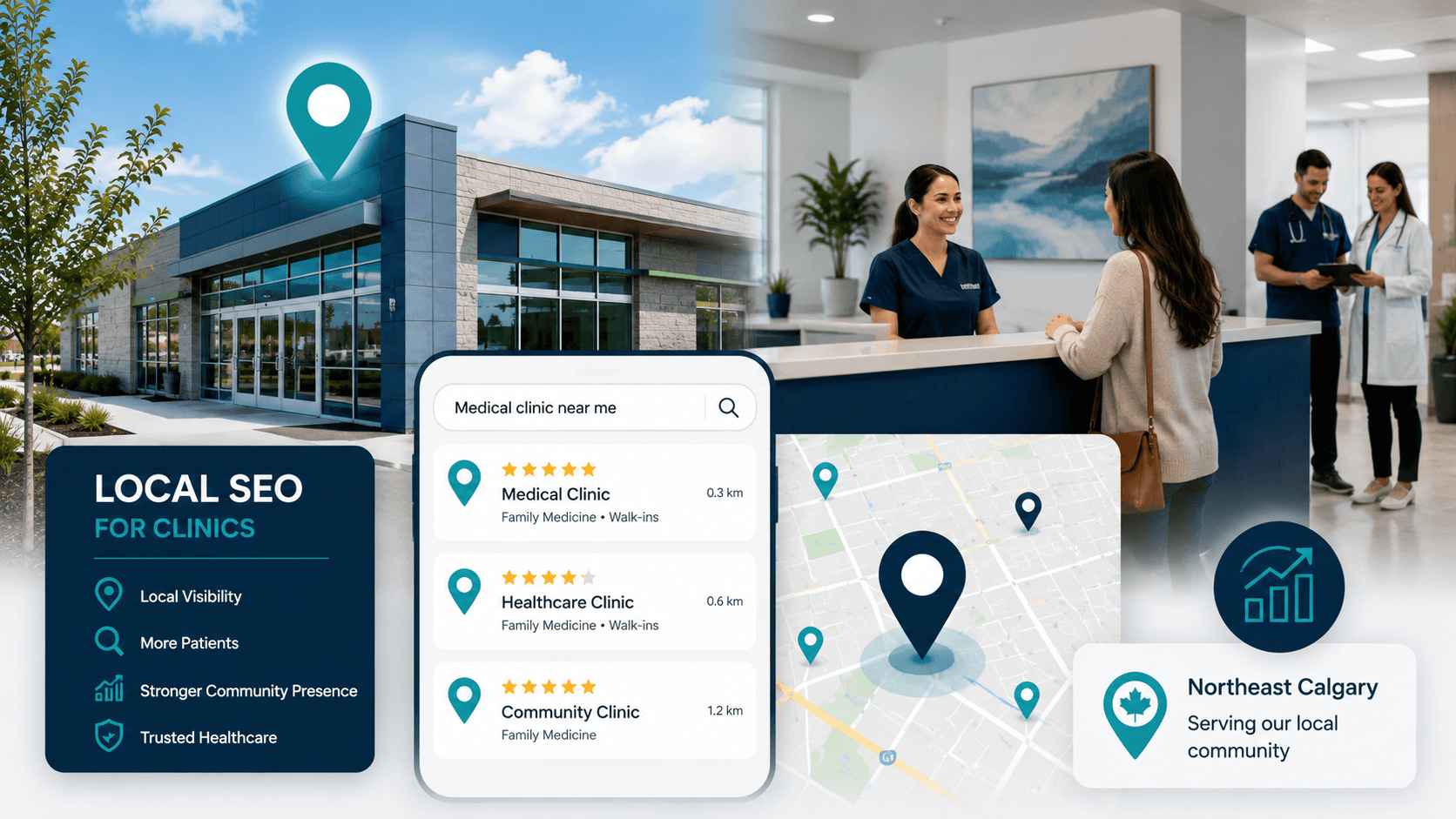 Local SEO for Canadian healthcare clinics with map location markers and clinic search visibility